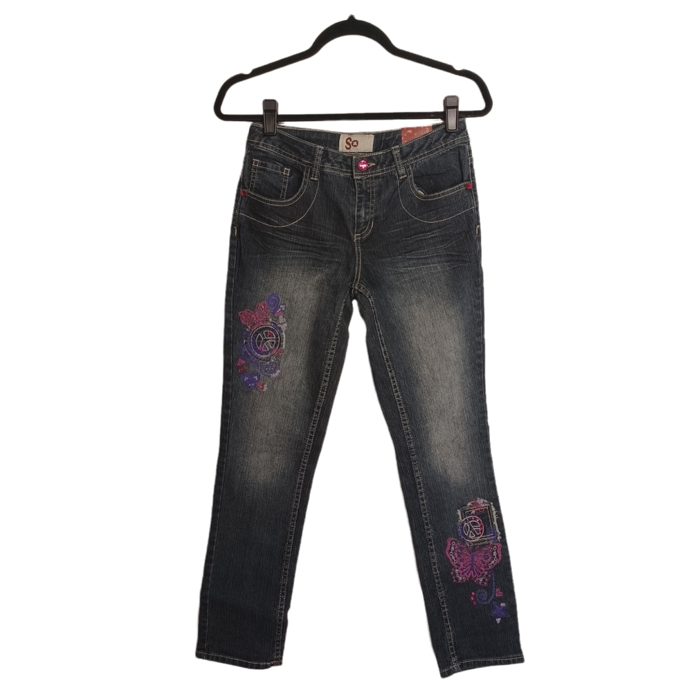 SO Dark Stone Embroidered Pink Purple Peace Butterfly Skinny Jeans 14 NWT